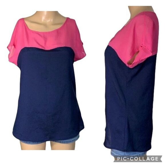 Hot Tempered Womens Blouse Top Shirt Colorblock Silky Pullover Pink Blue Medium - Picture 1 of 9